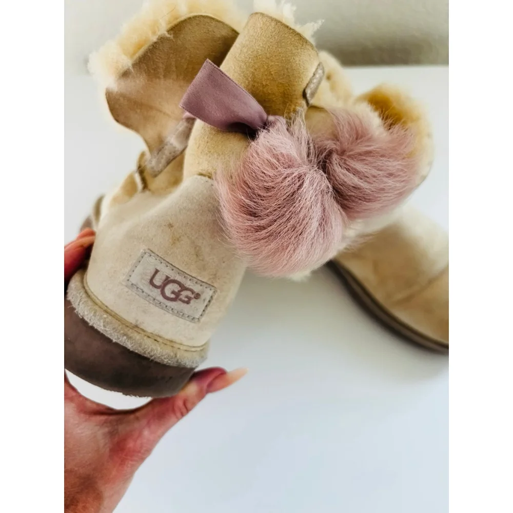 UGG Beige Sheepskin Winter Boots with Pink Pom Poms